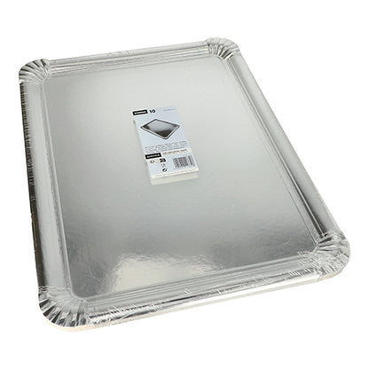Starpak 10 servírovacích talířů, hranaté, 34 x 45,5 cm, stříbrné – karton PET potažený – v praktickém balení po 10 kusech s produktovou etiketou; Ideální pro stylové servírování a prezentaci vašich jídel.