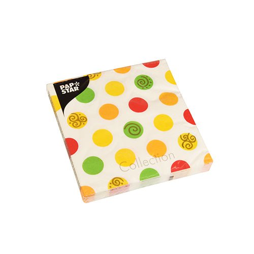 Balení PAPSTAR GmbH 20 ubrousků, 33x33 cm, třívrstvé (Design Set 6) s bílým pozadím a žlutými, oranžovými, zelenými a červenými tečkovanými vzory, částečně se spirálami; v rohu označeno "Pap Star Collection".
