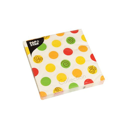 Balení PAPSTAR GmbH 20 ubrousků, 33x33 cm, třívrstvé (Design Set 6) s bílým pozadím a žlutými, oranžovými, zelenými a červenými tečkovanými vzory, částečně se spirálami; v rohu označeno "Pap Star Collection".