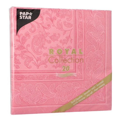 Ein 20er-Pack PAPSTAR "ROYAL Collection" 1/4-Falz-Servietten (40x40 cm) der PAPSTAR GmbH mit dekorativem Paisleymuster und goldener und weißer Schrift - perfekt für die elegante Gestaltung jeder Tafel.