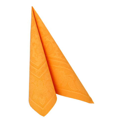 Eine einzelne PAPSTAR 20 Servietten "ROYAL Collection" 1/4-Falz (40x40 cm) der PAPSTAR GmbH steht aufrecht in einer Dreiecksfalte und ist mit dezenten Dekoren versehen - ideal für jede Tischdekoration. Der Hintergrund ist einfarbig weiß.