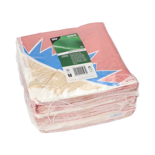 V zapečetěném plastovém balení od PAPSTAR GmbH se nachází 1 000 kuželových sáčků na hranolky „Zick-Zack“ z pergamenové náhrady s barevným designem a zelenou etiketou produktu na vrchu.