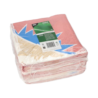 V zapečetěném plastovém balení od PAPSTAR GmbH se nachází 1 000 kuželových sáčků na hranolky „Zick-Zack“ z pergamenové náhrady s barevným designem a zelenou etiketou produktu na vrchu.