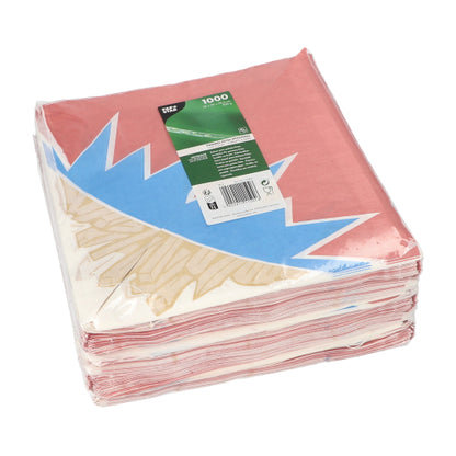 Stoh červeno-modro-bílých PAPSTAR tisíc kuželových sáčků na hranolky v cikcak formě (náhrada pergamenu) je zabalen do průhledné fólie a opatřen zelenou etiketou od PAPSTAR GmbH.