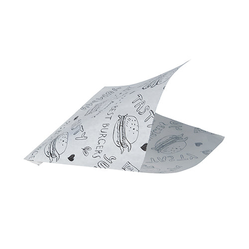 Jeden PAPSTAR list 1000 hamburgerových sáčků (pergamenová náhrada, mastnotě odolná) od PAPSTAR GmbH, bílý jako novinový papír, zobrazuje černé ilustrace burgerů, "TASTY", srdce a čmáranice, přičemž dva rohy jsou mírně zvednuté, jako by byly složené nebo se vznášely.