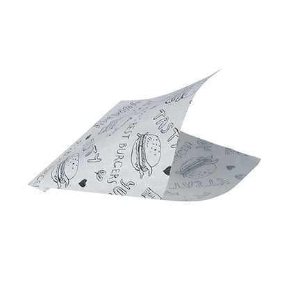 Jeden PAPSTAR list 1000 hamburgerových sáčků (pergamenová náhrada, mastnotě odolná) od PAPSTAR GmbH, bílý jako novinový papír, zobrazuje černé ilustrace burgerů, "TASTY", srdce a čmáranice, přičemž dva rohy jsou mírně zvednuté, jako by byly složené nebo se vznášely.