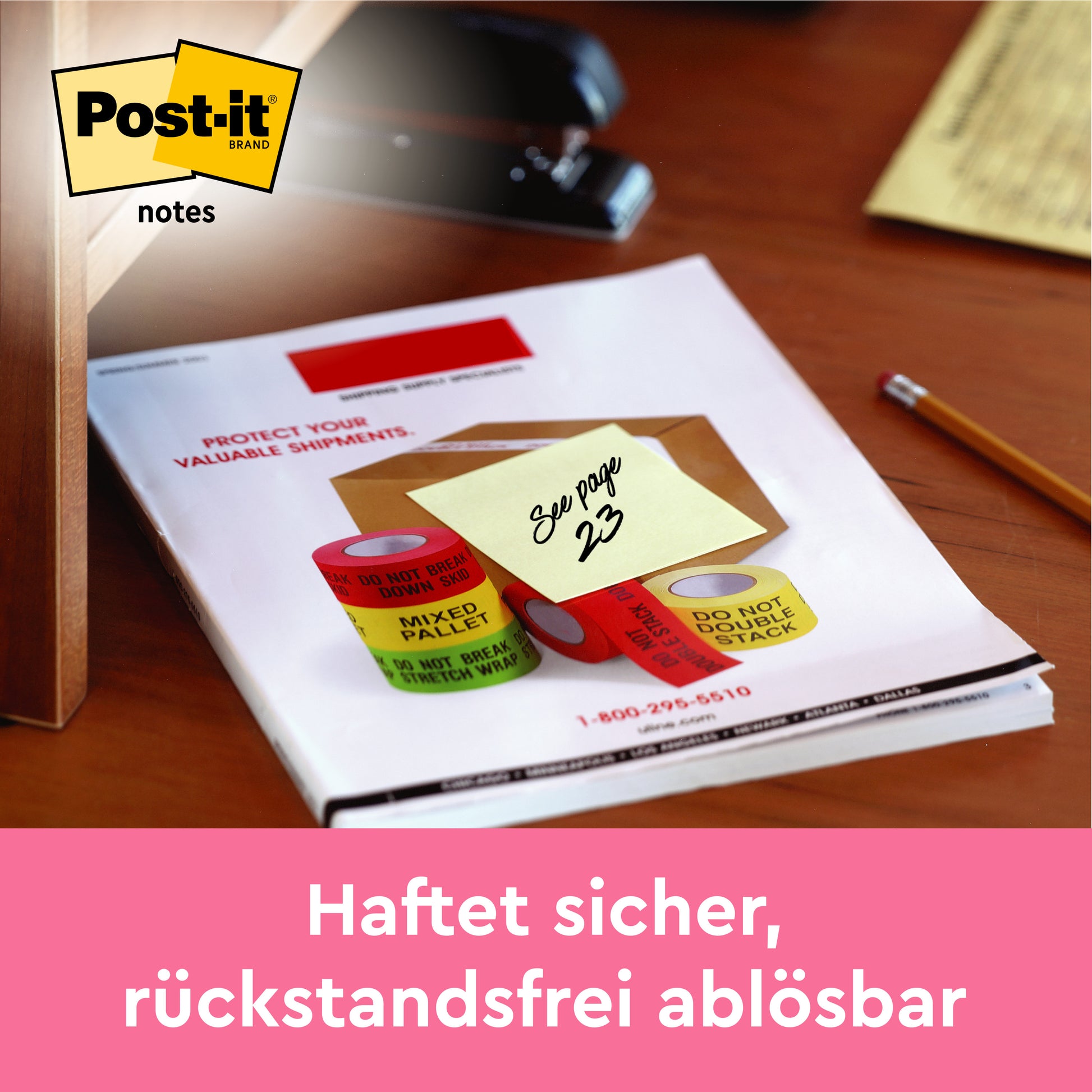 Ein 76 x 76 mm großer gelber Post-it® Zettel der 3M Deutschland GmbH mit der Aufschrift "Siehe Seite 23" ist an einem Dokument auf einem Schreibtisch befestigt. Das Bild zeigt das Post-it-Logo und einen deutschen Text, der die sichere Haftung, die saubere Entfernung und die 100%ige PEFC-Zertifizierung hervorhebt.