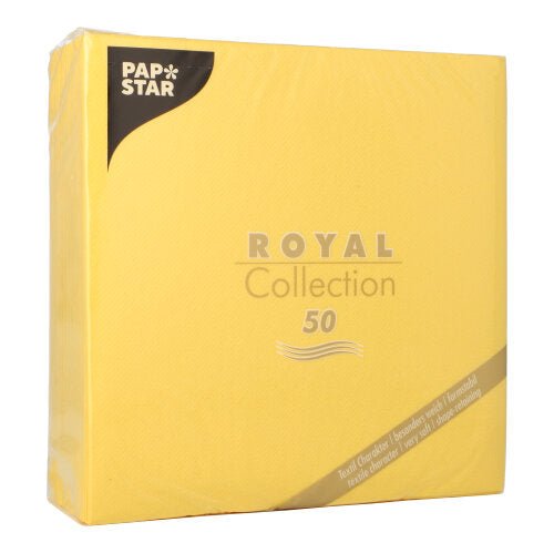 Žluté balení od PAPSTAR GmbH s nápisem "50 ubrousků ROYAL Collection 1/4-skládání 40 x 40 cm žluté" obsahuje 50 ubrousků se zlatými a černými akcenty a textem v dolním rohu.