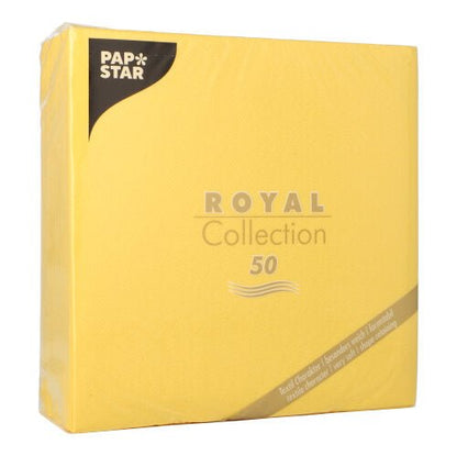 Žluté balení od PAPSTAR GmbH s nápisem "50 ubrousků ROYAL Collection 1/4-skládání 40 x 40 cm žluté" obsahuje 50 ubrousků se zlatými a černými akcenty a textem v dolním rohu.
