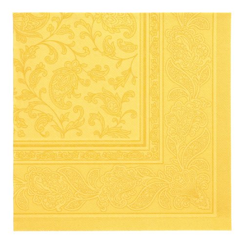 Žlutý PAPSTAR GmbH 50 ubrousků "ROYAL Collection" ubrousek (1/4-skládání, 40 x 40 cm) s paisley a květinovým reliéfem je zobrazen složený shora.