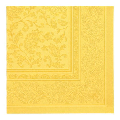 Žlutý PAPSTAR GmbH 50 ubrousků "ROYAL Collection" ubrousek (1/4-skládání, 40 x 40 cm) s paisley a květinovým reliéfem je zobrazen složený shora.