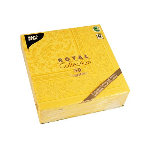 Zobrazeno je zapečetěné balení 50 PAPSTAR GmbH ubrousků "ROYAL Collection" 1/4-skládání, 40 x 40 cm, žluté, s reliéfním květinovým balením, na bílém pozadí.