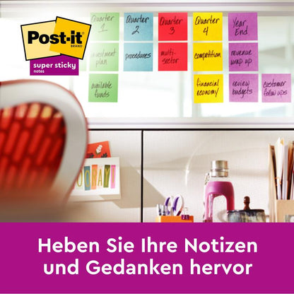 Stěna nad stolem je dekorována 3M Deutschland GmbH Post-It® Super Sticky Notes (47,6 mm x 47,6 mm, různé barvy, 4 bloky/balení, 100% PEFC), které jsou každá označeny obchodními tématy. Na fialovém banneru stojí: "Zvýrazněte své poznámky a myšlenky.