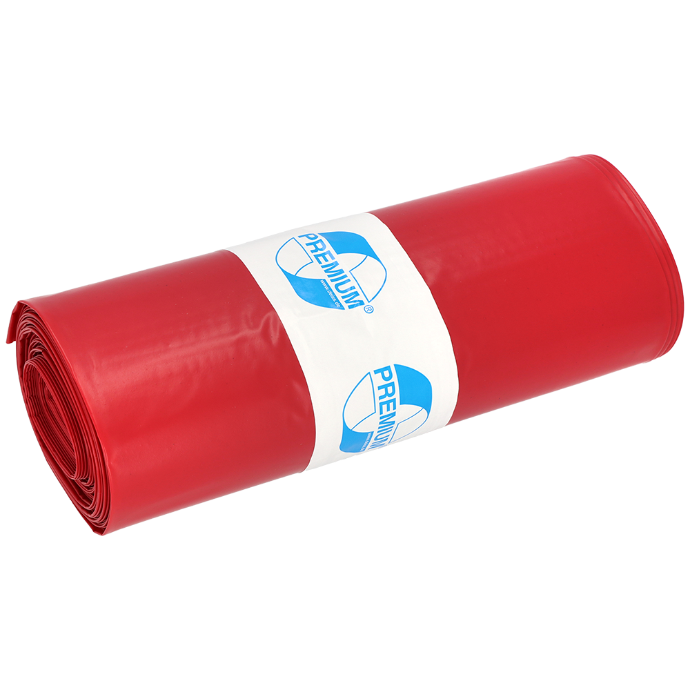 Ein eng gerolltes Bündel DEISS Müllsäcke 575x1000x0,01 mm aus LDPE 70 l der EMIL DEISS KG (GmbH + Co.), mit einem weiß-blauen "PREMIUM"-Etikett in der Mitte, steht vor einem schlichten weißen Hintergrund.