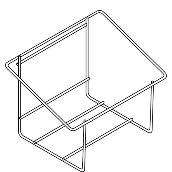 Minimalistická kresba držáku na kanystry pro 2x5 litrů od Diversey Deutschland GmbH & Co. OHG; vyznačuje se otevřenou konstrukcí z nerezové oceli pro umístění dvou 5litrových kanystrů, se šikmými stranami a tenkou kovovou konstrukcí.