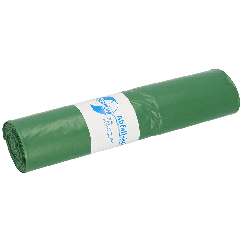 Role zelených odpadkových pytlů od EMIL DEISS KG (GmbH + Co.), DEISS 12022 - 700x1100 mm Typ 60, role (25 kusů), s bílomodrou etiketou uprostřed, je zobrazena na jednobarevném pozadí.