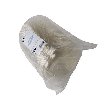 Kulatá víčka Starpak 50 Dom z R-PET (Ø 15,5 cm · 2,5 cm čiré) jsou zabalena v recyklovaném PET a dodávána s bílou boční etiketou - ekologické balení.