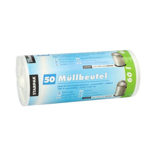Role s 50 Starpak odpadkovými pytli, bílými HDPE sáčky (60 l, 81 x 63 cm), s německým popisem a zabalené v obalu s logem Starpak.