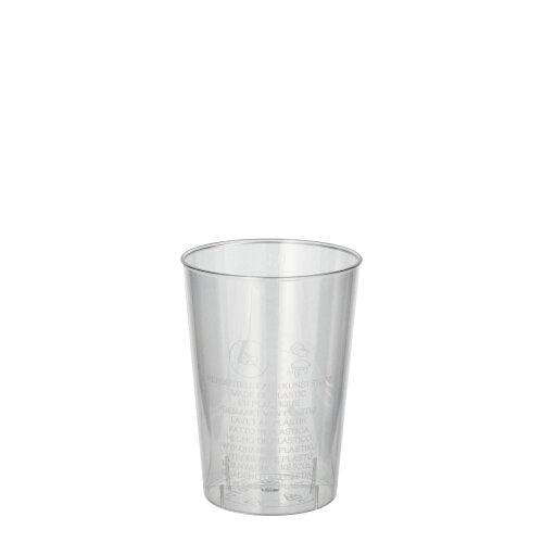 Průhledný Starpak 40 kelímek (PS, 0,1l, Ø 5,5cm · 7,5cm) stojí na bílém pozadí. Na smrštitelné fólii jsou viditelné jemné textové detaily – ideální pro večírky a akce (40 kusů).