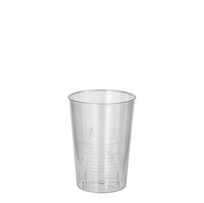 Průhledný Starpak 40 kelímek (PS, 0,1l, Ø 5,5cm · 7,5cm) stojí na bílém pozadí. Na smrštitelné fólii jsou viditelné jemné textové detaily – ideální pro večírky a akce (40 kusů).