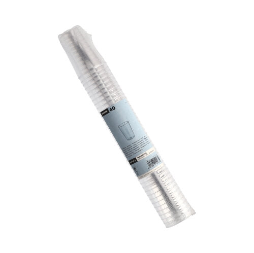 Průhledný stoh s 40 Starpak kelímky (PS, 0,1 L, Ø5,5 x 7,5 cm), průhledný a zabalený ve smrštitelné fólii s modrou etiketou – ideální pro večírky a akce.