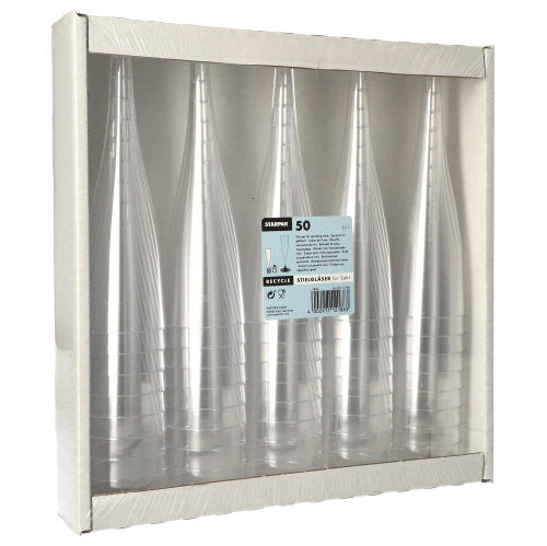 Balení 50 Starpak sklenic na stopce pro sekt (PS, 0,1 l, Ø 5 cm, 17,5 cm) je prezentováno v papírovém podnosu s průhlednou přední stranou a viditelnou středovou etiketou v průhledném designu.