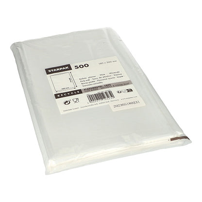 Der Starpak 500 Flachbeutel, LDPE transparent, bietet eine hochwertige Verpackungslösung. Die flachliegenden Beutel sind in transparenter Verpackung mit Produktinfos, Recycling-Symbolen und Barcode auf dem Etikett sichtbar.