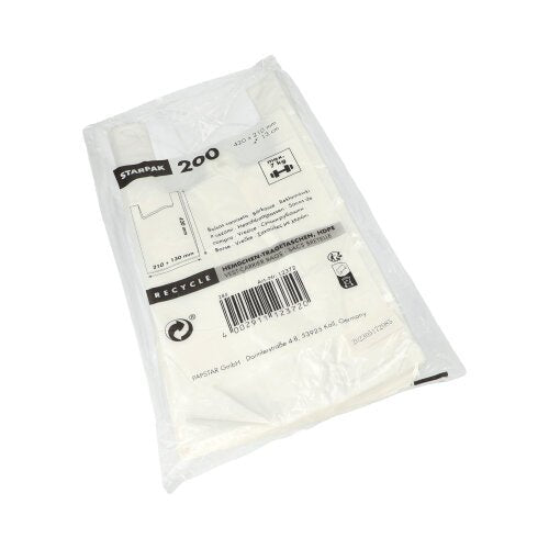 Tašky Starpak 200 s košilkovým uchem, bílý HDPE, jsou dodávány v průhledném plastovém obalu s vytištěným textem, čárovým kódem a informacemi o ekologickém recyklování na přední straně.