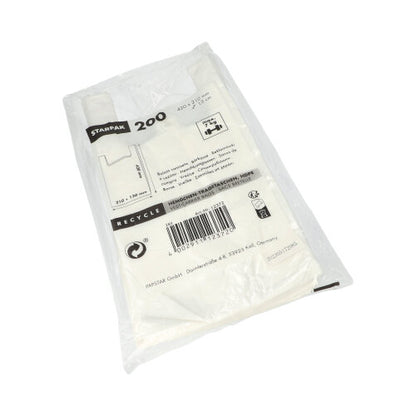 Tašky Starpak 200 s košilkovým uchem, bílý HDPE, jsou dodávány v průhledném plastovém obalu s vytištěným textem, čárovým kódem a informacemi o ekologickém recyklování na přední straně.