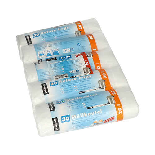 Čtyři role Starpak 150 pytlů na odpadky se stahovací šňůrkou, HDPE 20L (55x48cm) průhledné, jsou naskládány na sebe. Modro-bílá etiketa každé role ukazuje „150 kusů“, obrázky odpadkových košů, pokyny k použití a upozorňuje na hygienickou likvidaci odpadu.