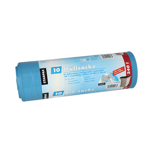 Eine Rolle Starpak 10 Müllsäcke, LDPE (240 L), in blauer Verpackung mit mehrsprachigem Text, Mülleimer- und Sackabbildungen - ideal für die zuverlässige Abfallentsorgung. Marke: Starpak.