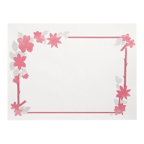 Ty PAPSTAR 250 prostírání (30x40 cm, bílé) od PAPSTAR GmbH jsou bílá obdélníková papírová prostírání s růžovým okrajem a květinovými akcenty, přičemž střed zůstává volný – ideální jako stylová jednorázová ochrana stolu pro každou událost.