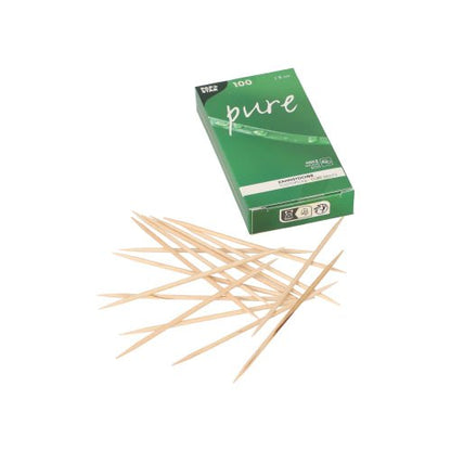 Zelená PAPSTAR krabička s nápisem "pure" obsahuje 100 kulatých dřevěných párátek (8 cm) v skládací krabičce, s několika párátky před ekologickým papírovým obalem na bílém pozadí.