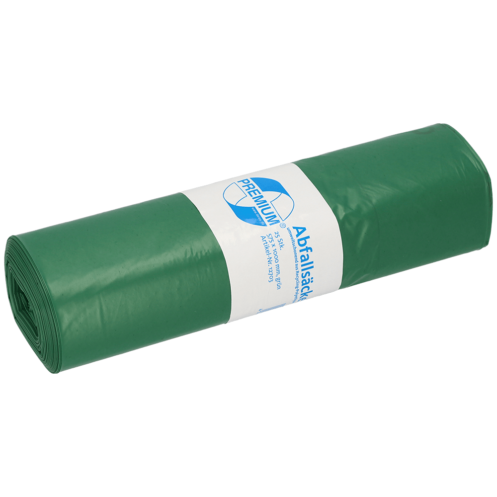 Jedna role pytlů na odpadky DEISS 12703 (575x1000 mm, typ 60, zelená, 25 kusů) od EMIL DEISS KG (GmbH + Co.) s bílomodrou etiketou a čistě přeloženými konci. Ideální pro efektivní správu odpadu. Jednobarevné bílé pozadí.