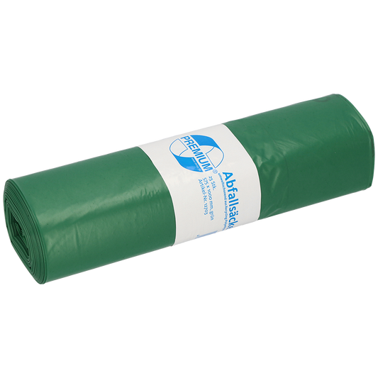 Eine Rolle DEISS 12703 Müllsäcke (575x1000 mm, Typ 60, grün, 25 Stück) von EMIL DEISS KG (GmbH + Co.) mit weiß-blauem Etikett und sauber umgeschlagenen Enden. Ideal für effizientes Abfallmanagement. Einfarbig weißer Hintergrund.