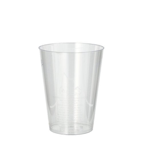 Jeden Starpak 10 kelímek na pití z PS (0,2 l, Ø 7,5 cm, 9,7 cm) stojí průhledný a prázdný na bílém pozadí. Průhledný kelímek ukazuje jemné povrchové značky.