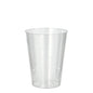 Jeden Starpak 10 kelímek na pití z PS (0,2 l, Ø 7,5 cm, 9,7 cm) stojí průhledný a prázdný na bílém pozadí. Průhledný kelímek ukazuje jemné povrchové značky.