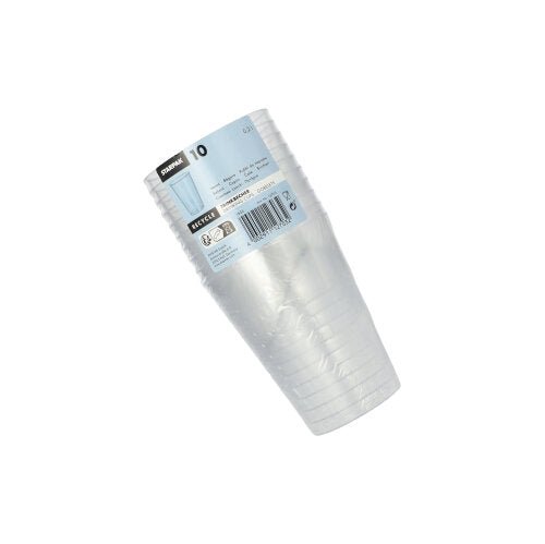 Balení s 10 Starpak průhlednými jednorázovými kelímky na pití z plastu (PS, 0,2 l, Ø 7,5 cm x 9,7 cm) je zabaleno ve smršťovací fólii a opatřeno modro-bílou etiketou s informacemi o produktu a čárovým kódem.
