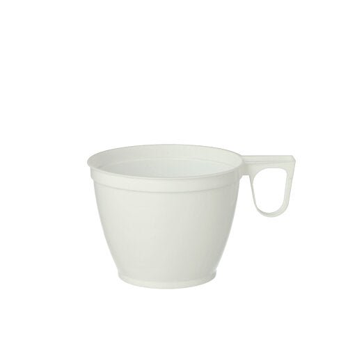 Balení 10 bílých kávových šálků Starpak (0,18 l, Ø 7,8 cm, vysoké 6 cm) z odolného PS je na bílém pozadí. Každý šálek má ucho a jednoduchý, kónický tvar – ideální pro každodenní požitek z kávy.
