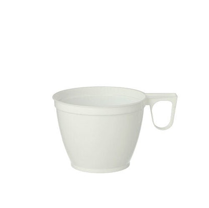 Balení 10 bílých kávových šálků Starpak (0,18 l, Ø 7,8 cm, vysoké 6 cm) z odolného PS je na bílém pozadí. Každý šálek má ucho a jednoduchý, kónický tvar – ideální pro každodenní požitek z kávy.