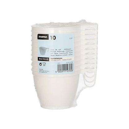 Stoh deseti bílých kávových šálků Starpak (PS, 0,18l, Ø7,8cm, 6cm) je zabalený ve smršťovací fólii a opatřený modrou etiketou, na které jsou uvedeny detaily produktu, čárový kód a recyklační symboly – ideální pro praktickou kávu na cestách.