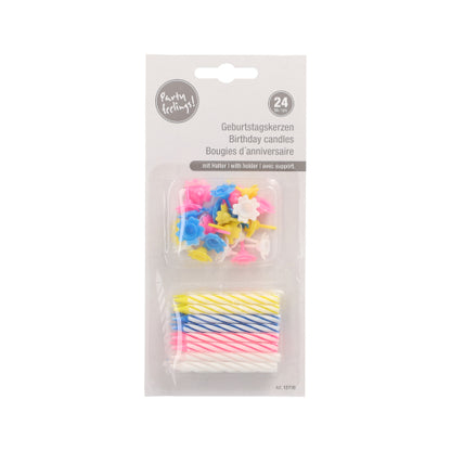 PAPSTAR GmbH narozeninové svíčky, 6 cm, barevně tříděné v balení po 24 kusech s držáky ve tvaru květin; balení vícejazyčné (německy, anglicky, francouzsky).