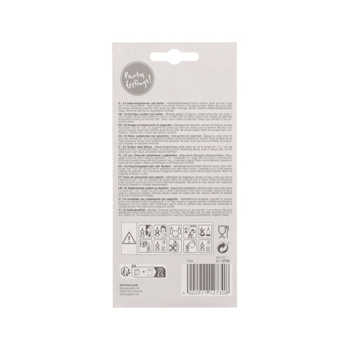 Zadní strana PAPSTAR narozeninových svíček 6 cm balení (24 kusů) od PAPSTAR GmbH zobrazuje tištěné pokyny, varování, bezpečnostní symboly v černé barvě, čárový kód vpravo dole a logo "Party feeling!!" vlevo nahoře. Obsahuje barevné svíčky s držákem.