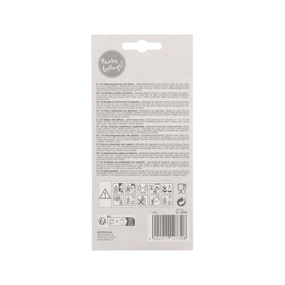 Zadní strana PAPSTAR narozeninových svíček 6 cm balení (24 kusů) od PAPSTAR GmbH zobrazuje tištěné pokyny, varování, bezpečnostní symboly v černé barvě, čárový kód vpravo dole a logo "Party feeling!!" vlevo nahoře. Obsahuje barevné svíčky s držákem.