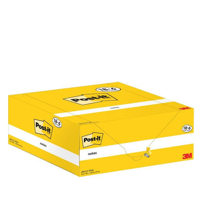 Žlutá krabice samolepicích lístků Post-it® od 3M Deutschland GmbH obsahuje 18 bloků plus 6 volných bloků (38 × 51 mm, 100 listů/blok), v kartonovém balení. Produkt je PEFC certifikován (SGSCH-PEFC-COC-110078).