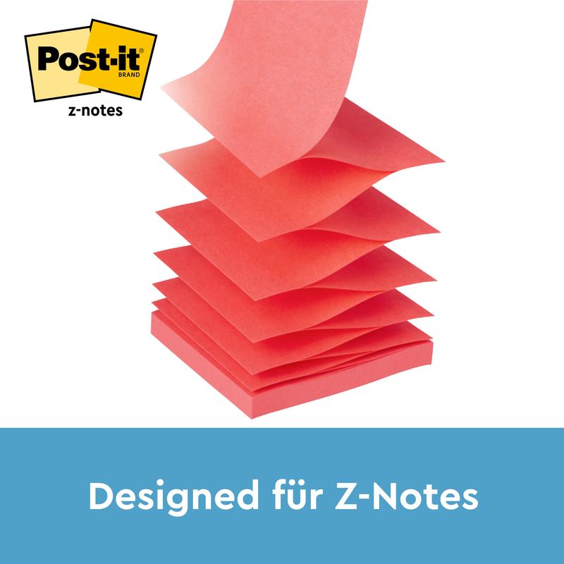 Stoh žlutých Post-it® Super Sticky Z-Notes (76 x 76 mm, 90 listů), zobrazený v černém PRO dávkovači od 3M Deutschland GmbH. Logo Post-it® se objevuje vlevo nahoře a "Designed for Z-Notes" je napsáno dole na modrém pozadí.