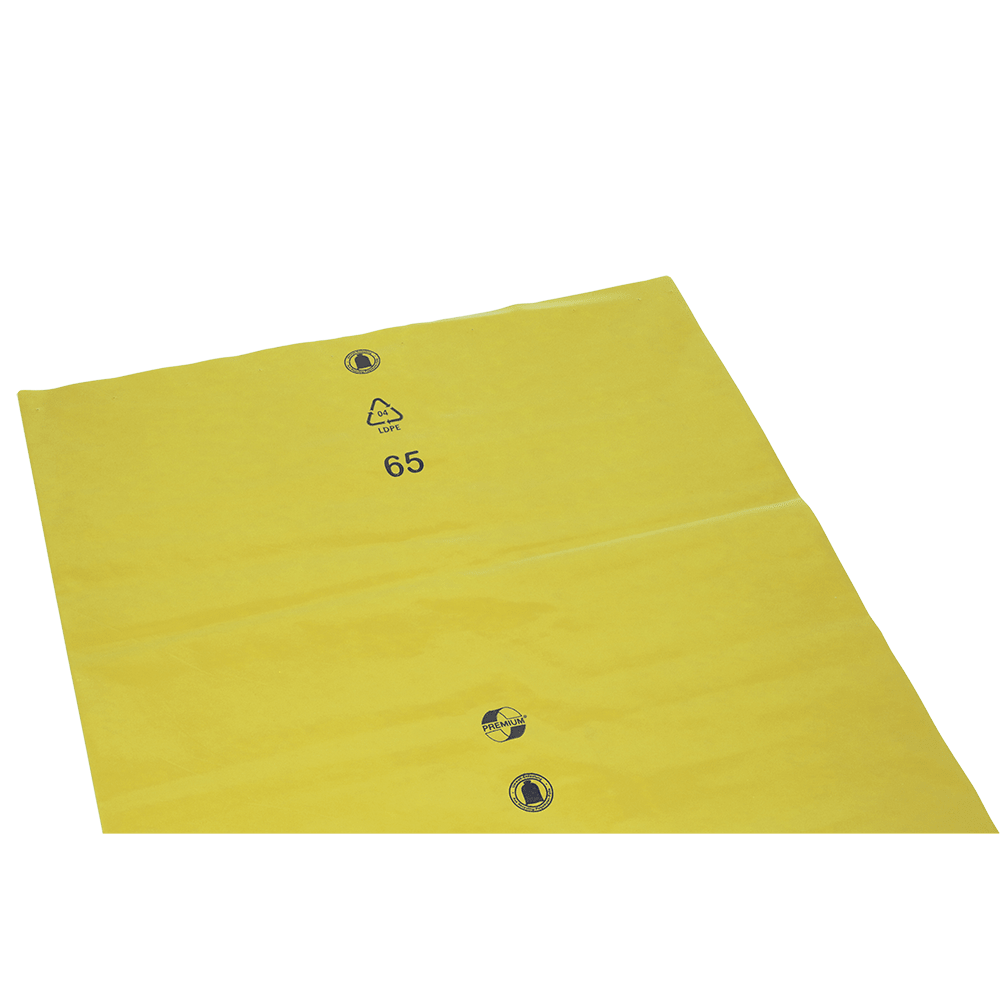 Pytle na odpadky DEISS volné 575x1000x0,01 mm z LDPE 70 l od EMIL DEISS KG (GmbH + Co.) jsou ploché žluté LDPE plastové pytle s recyklačním symbolem, číslem 65 a dvěma černými symboly na bílém pozadí.