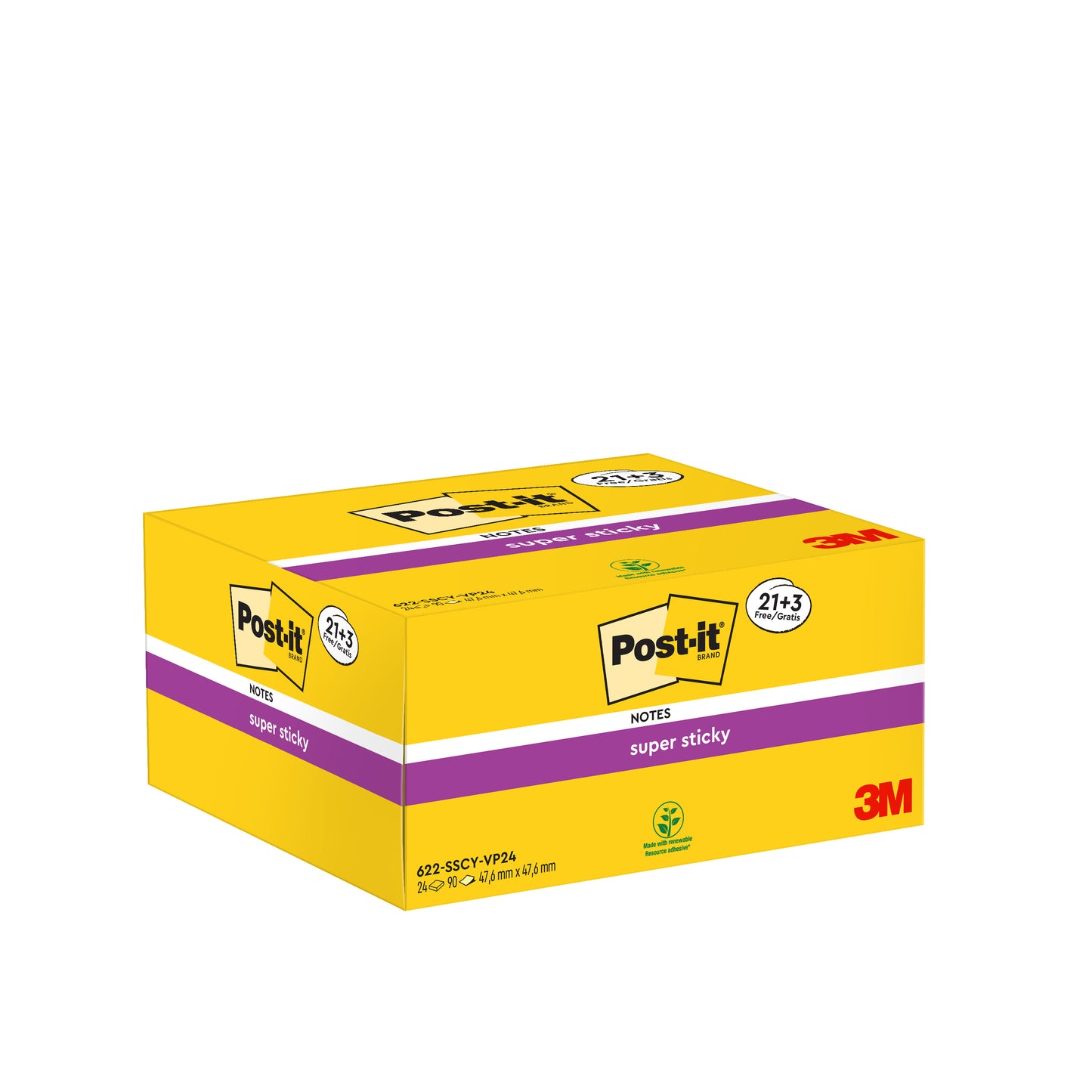Žlutá krabička Post-it® Super Sticky Notes (3M Deutschland GmbH), 21 bloků plus 3 bloky zdarma, každý 90 listů, 47,6 mm x 47,6 mm, PEFC certifikovaná (100 %), s logem a produktovými informacemi s fialovými akcenty na přední a zadní straně.