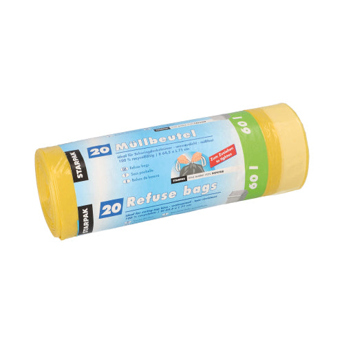 Žlutá role Starpak 20 pytlů na odpadky se stahovací páskou (60 l, 71 x 64,5 cm, HDPE) je opatřena modro-bílou páskou s vícejazyčným brandingem a návodem. Balení nese nápis „20 pytlů na odpadky“ a obsahuje 20 kusů.