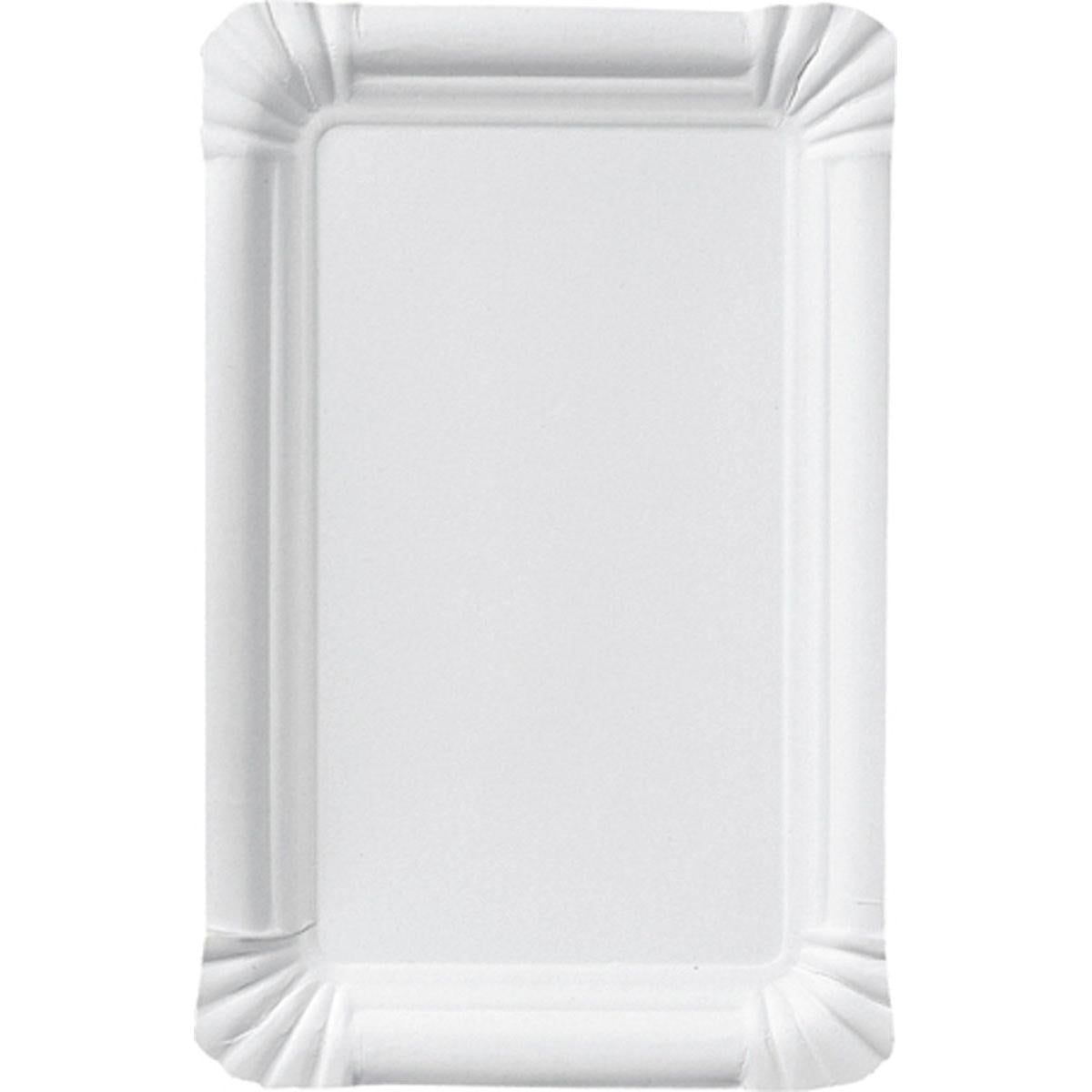 Jednoduchý, obdélníkový talíř na klobásy 13x20 cm z kartonu od Duni GmbH s bílým papírem a vroubkovaným okrajem leží prázdný na bílém podkladu, postavený na výšku. Ideální pro catering, k dispozici v balení po 250 kusech.